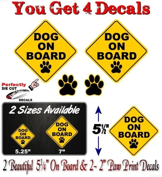 (2) 5.25" Dog on Board and 2 Paw Print 2'' Decals Dogs Paws Onboard Yellow Diamond Car Sticker Safety Sign Vehicle Minivan SUV Vinyl Stickers ((2) 5.25"x 5.25")