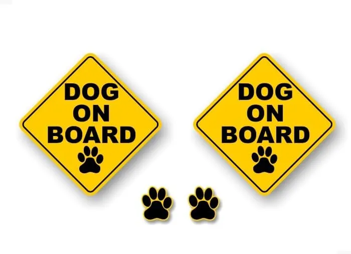 (2) 5.25" Dog on Board and 2 Paw Print 2'' Decals Dogs Paws Onboard Yellow Diamond Car Sticker Safety Sign Vehicle Minivan SUV Vinyl Stickers ((2) 5.25"x 5.25")