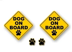 (2) 5.25" Dog on Board and 2 Paw Print 2'' Decals Dogs Paws Onboard Yellow Diamond Car Sticker Safety Sign Vehicle Minivan SUV Vinyl Stickers ((2) 5.25"x 5.25")