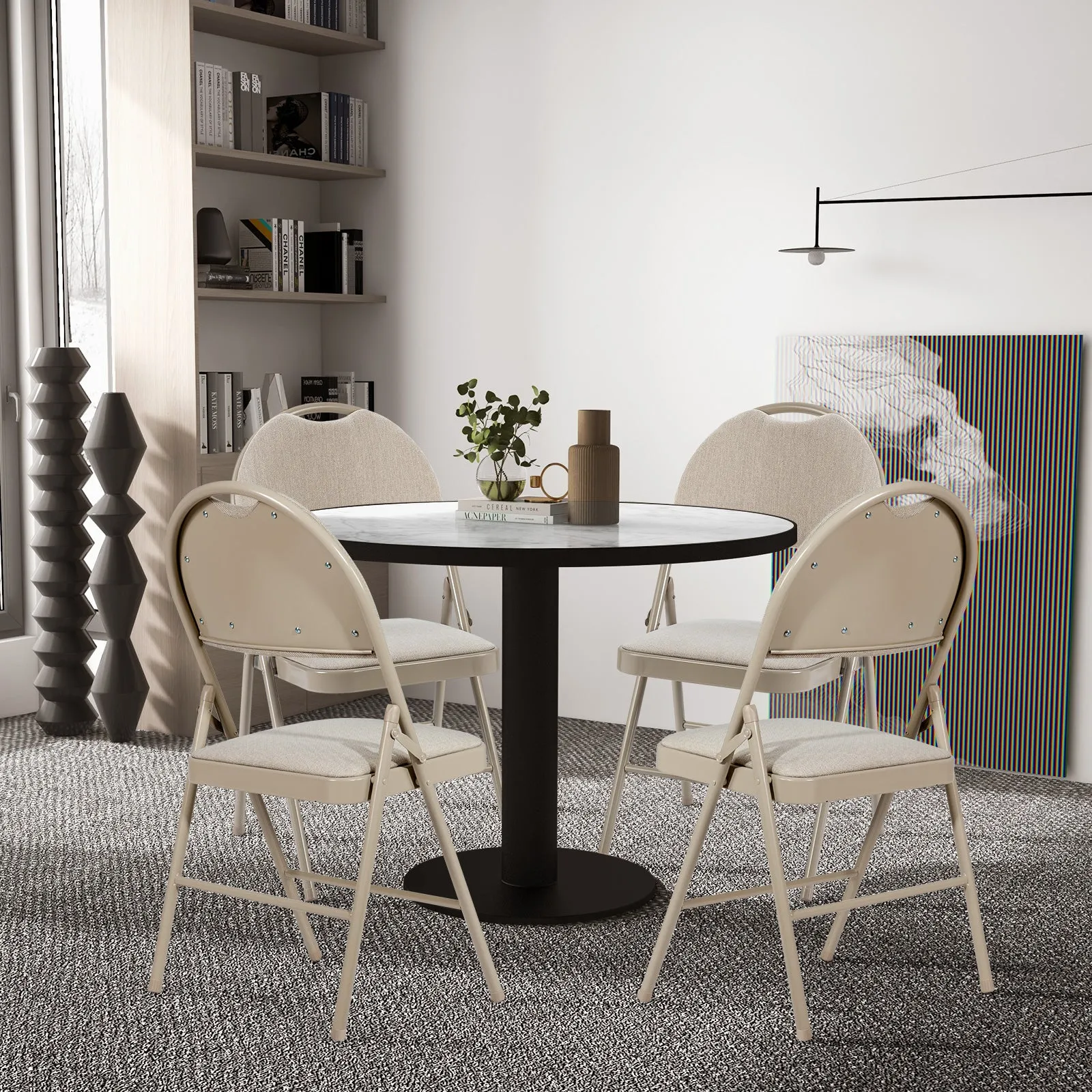 4 Pieces Folding Fabric Dining Chairs with Cushioned Seat and Back-Beige