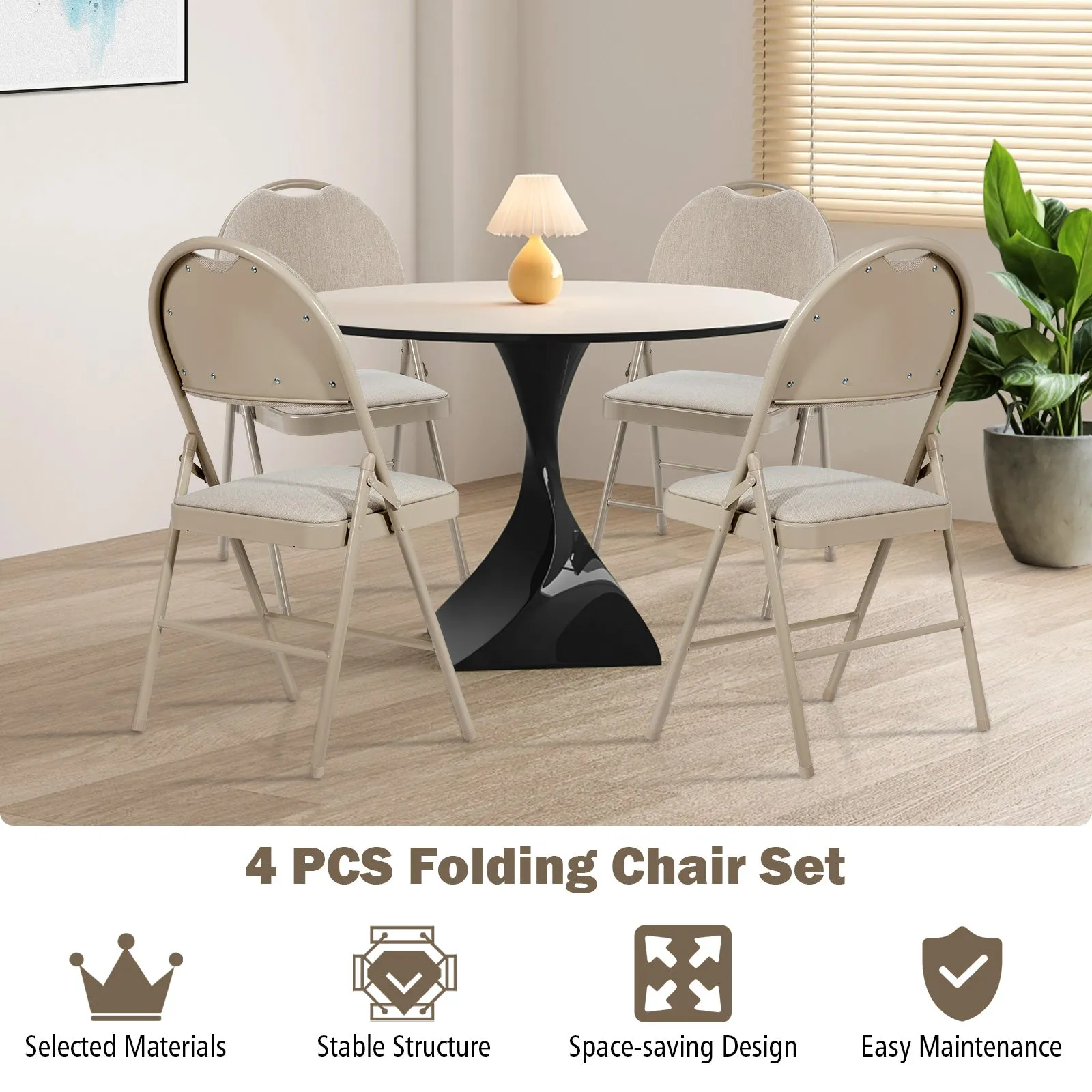 4 Pieces Folding Fabric Dining Chairs with Cushioned Seat and Back-Beige