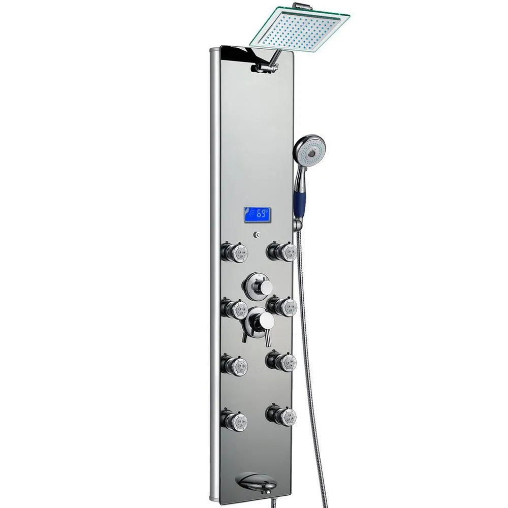 52 in. 8-Jet Shower Panel System in Mirror Silver Tempered Glass with Rainfall Shower Head LED Display Handshower