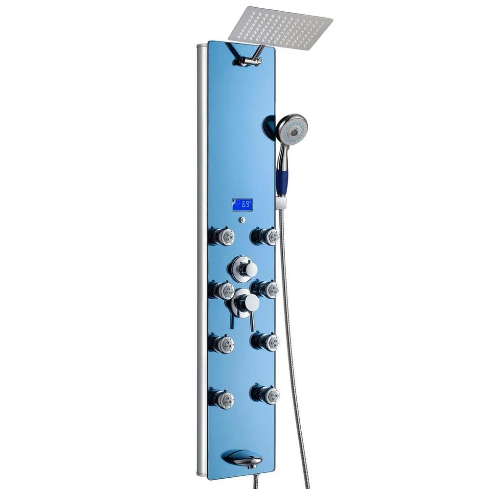52 in. 8-Jet Shower Panel System in Mirror Silver Tempered Glass with Rainfall Shower Head LED Display Handshower