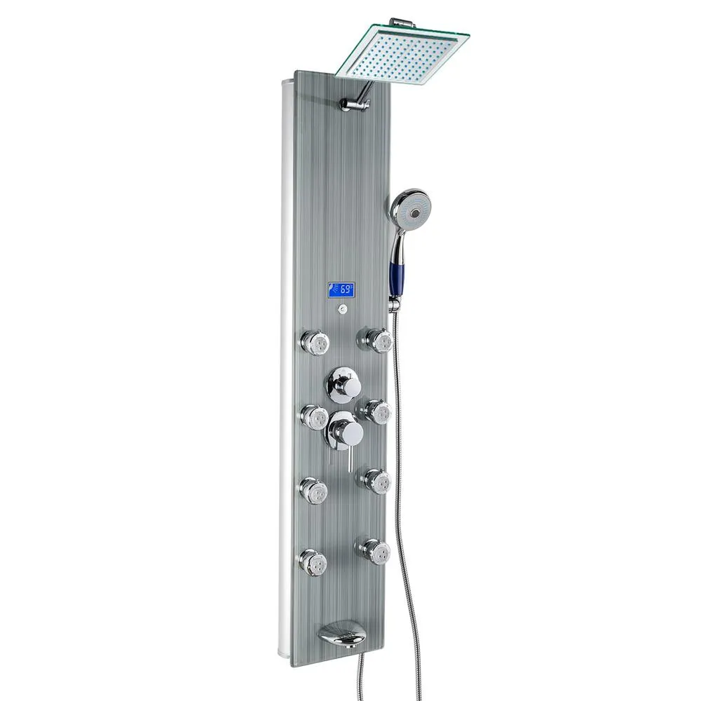 52 in. 8-Jet Shower Panel System in Mirror Silver Tempered Glass with Rainfall Shower Head LED Display Handshower