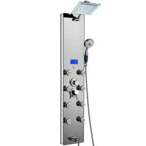 52 in. 8-Jet Shower Panel System in Mirror Silver Tempered Glass with Rainfall Shower Head LED Display Handshower