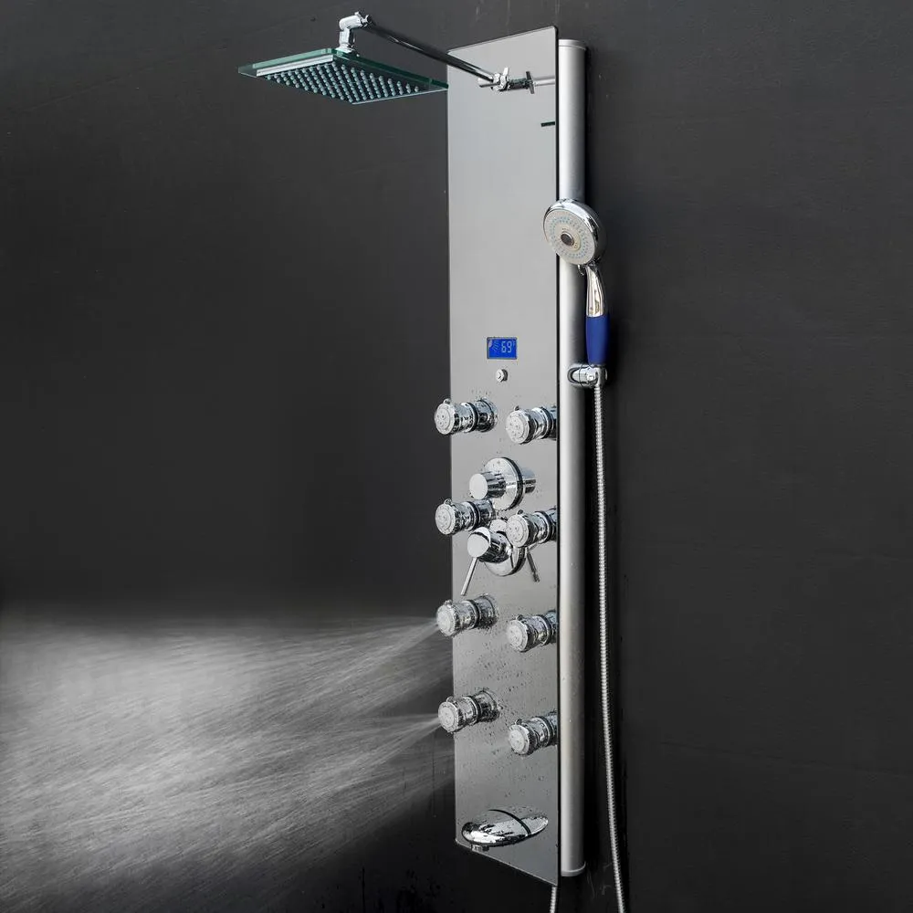 52 in. 8-Jet Shower Panel System in Mirror Silver Tempered Glass with Rainfall Shower Head LED Display Handshower