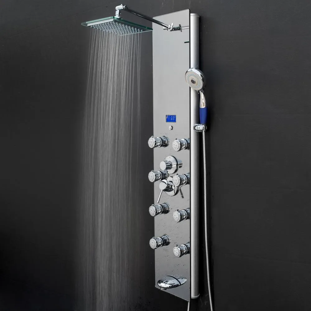 52 in. 8-Jet Shower Panel System in Mirror Silver Tempered Glass with Rainfall Shower Head LED Display Handshower