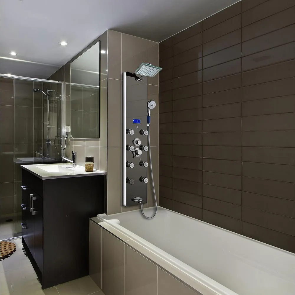52 in. 8-Jet Shower Panel System in Mirror Silver Tempered Glass with Rainfall Shower Head LED Display Handshower