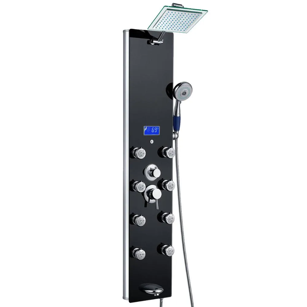 52 in. 8-Jet Shower Panel System in Mirror Silver Tempered Glass with Rainfall Shower Head LED Display Handshower