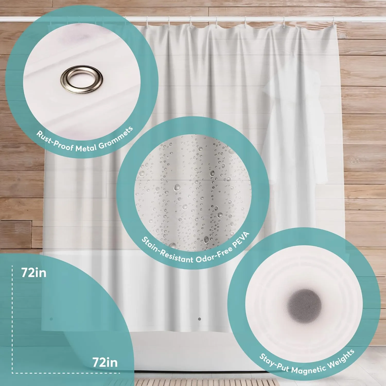 BigFoot Shower Curtain Liner  72 x 72 PEVA Premium Shower Curtain with Rustproof Metal Grommet and 3 Magnetic Weights  Odor Free and Compatible with Standard Showers, Clear