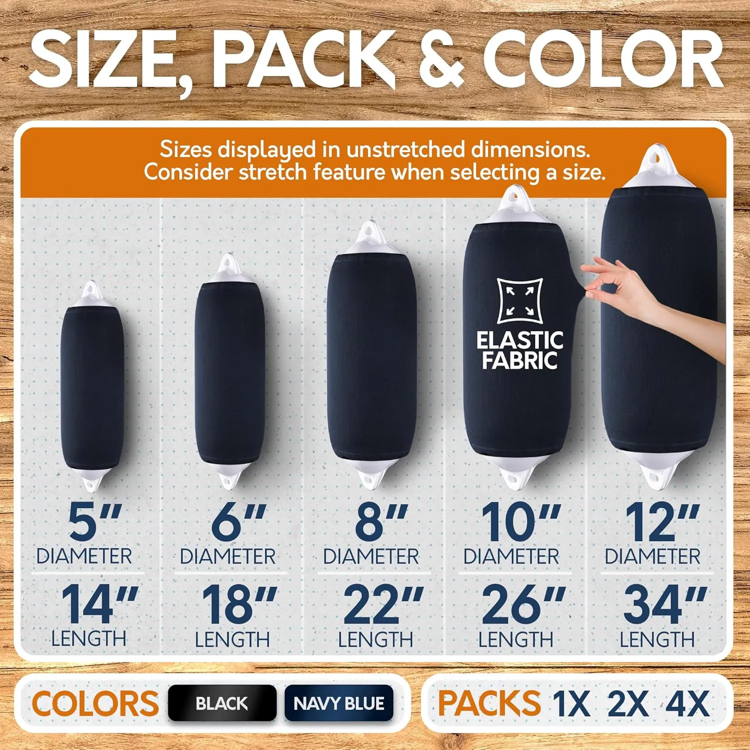 Boat Fender Covers | Several Size Options Available | Black & Navy Blue | 1, 2 & 4-Pack | Polyester (4-Pack, Navy Blue, 8 x 22)