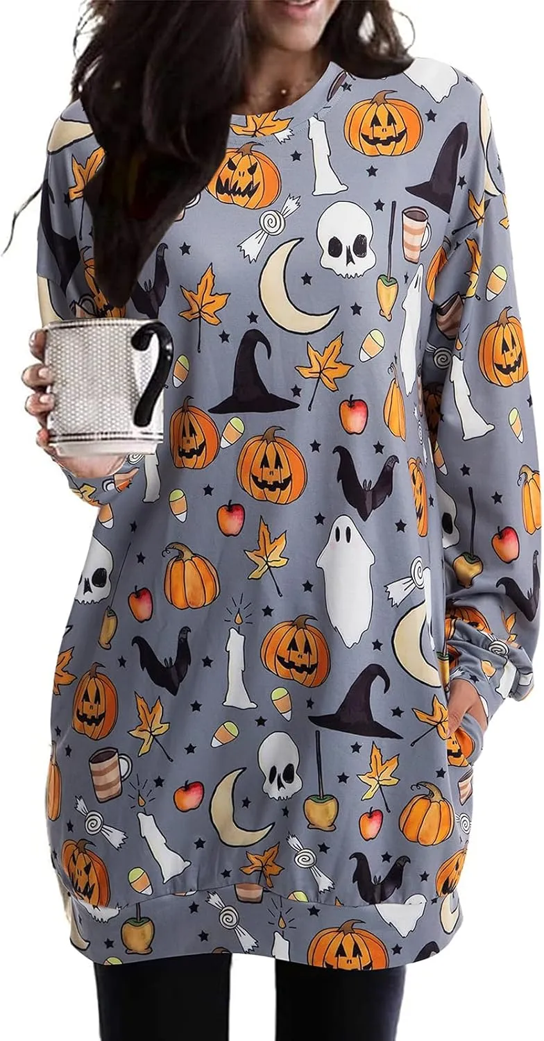 BOUTIKOME Womens Halloween Pumpkin Sweatshirt Black Cat Long Sleeve Crewneck Pullover Shirts with Pocket Tunic Tops
