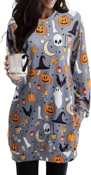 BOUTIKOME Womens Halloween Pumpkin Sweatshirt Black Cat Long Sleeve Crewneck Pullover Shirts with Pocket Tunic Tops
