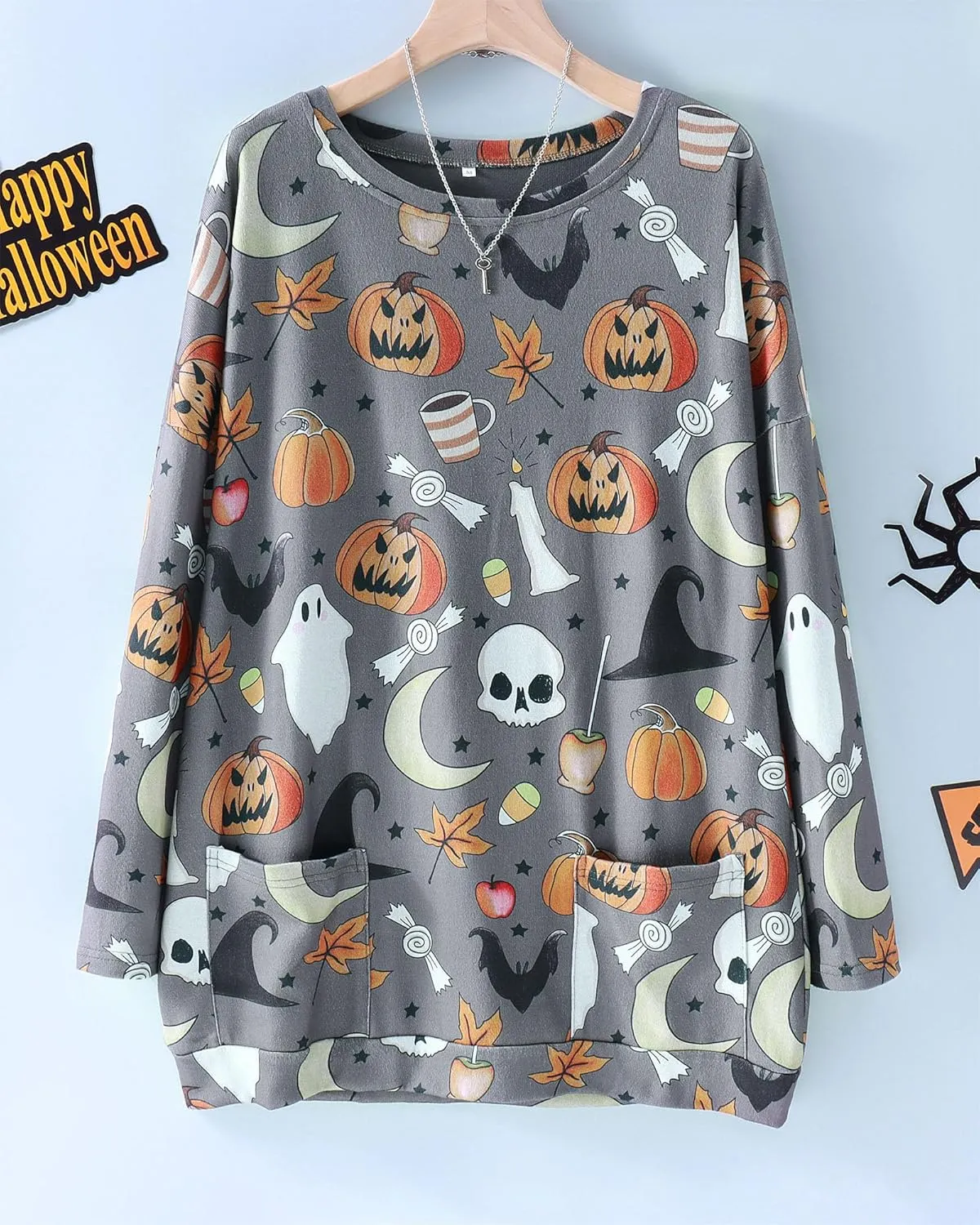 BOUTIKOME Womens Halloween Pumpkin Sweatshirt Black Cat Long Sleeve Crewneck Pullover Shirts with Pocket Tunic Tops