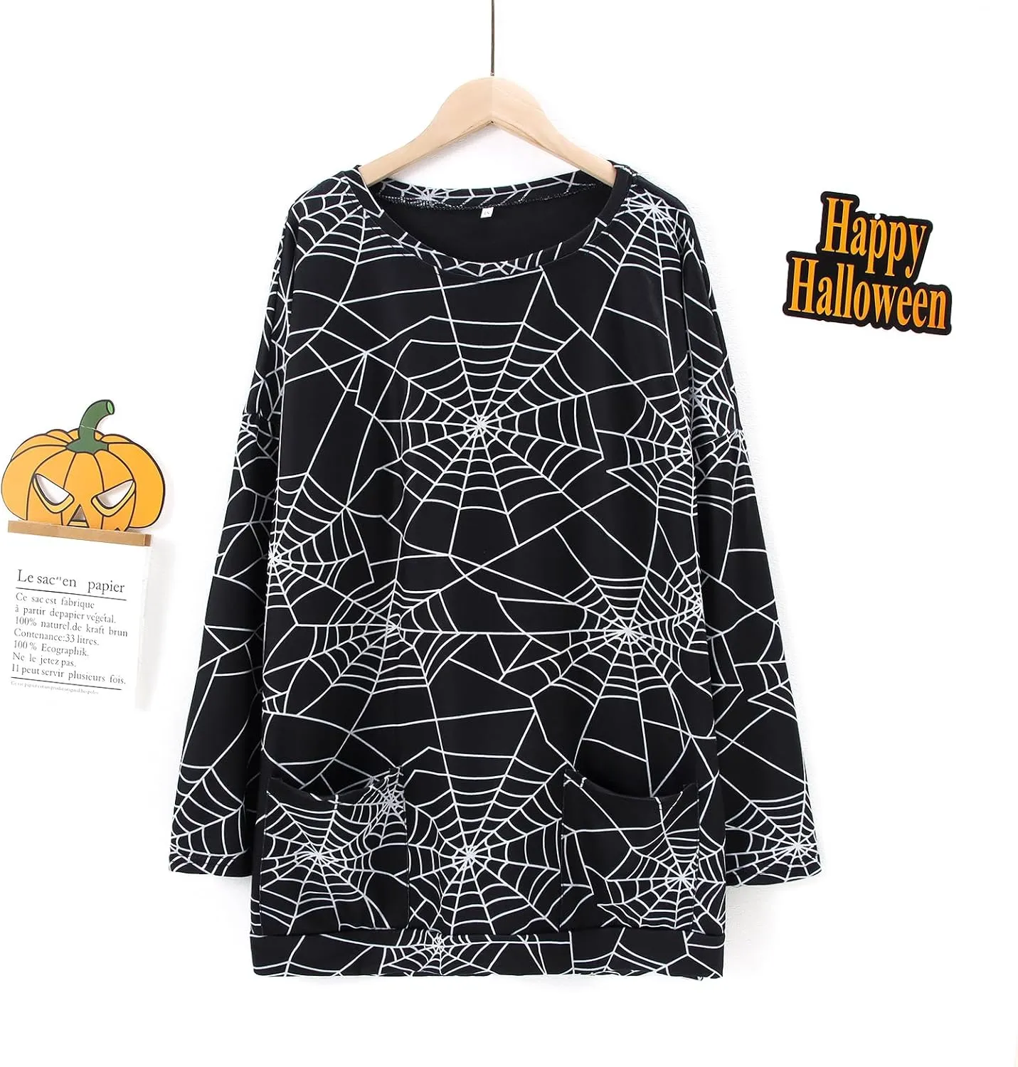 BOUTIKOME Womens Halloween Pumpkin Sweatshirt Black Cat Long Sleeve Crewneck Pullover Shirts with Pocket Tunic Tops