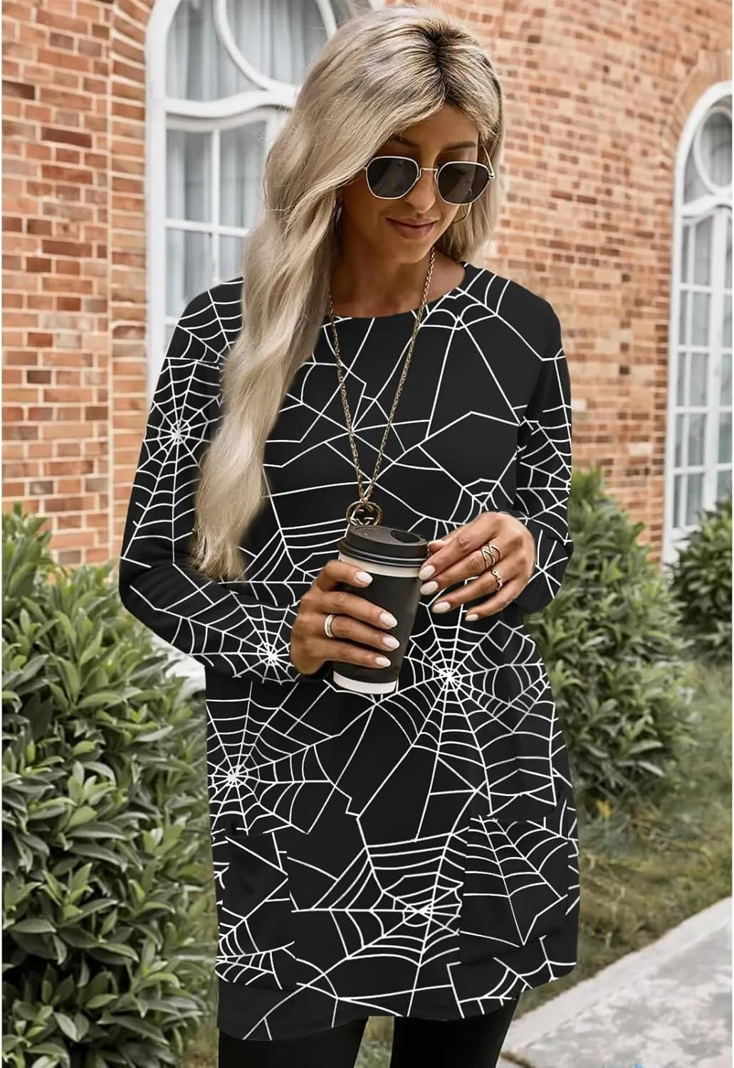 BOUTIKOME Womens Halloween Pumpkin Sweatshirt Black Cat Long Sleeve Crewneck Pullover Shirts with Pocket Tunic Tops