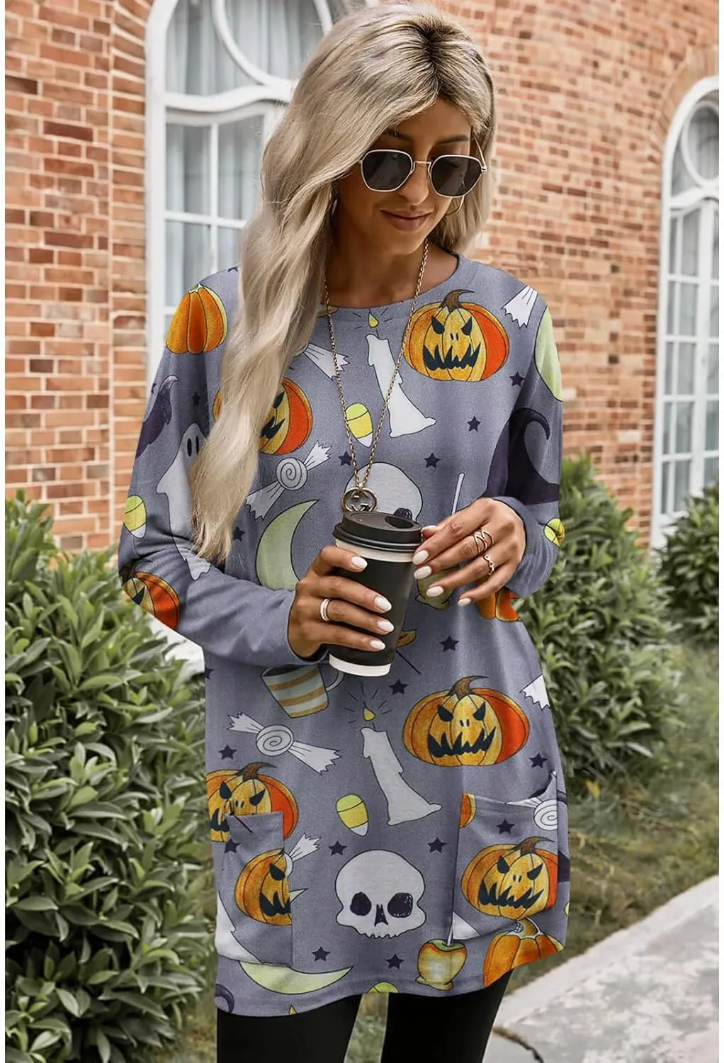 BOUTIKOME Womens Halloween Pumpkin Sweatshirt Black Cat Long Sleeve Crewneck Pullover Shirts with Pocket Tunic Tops