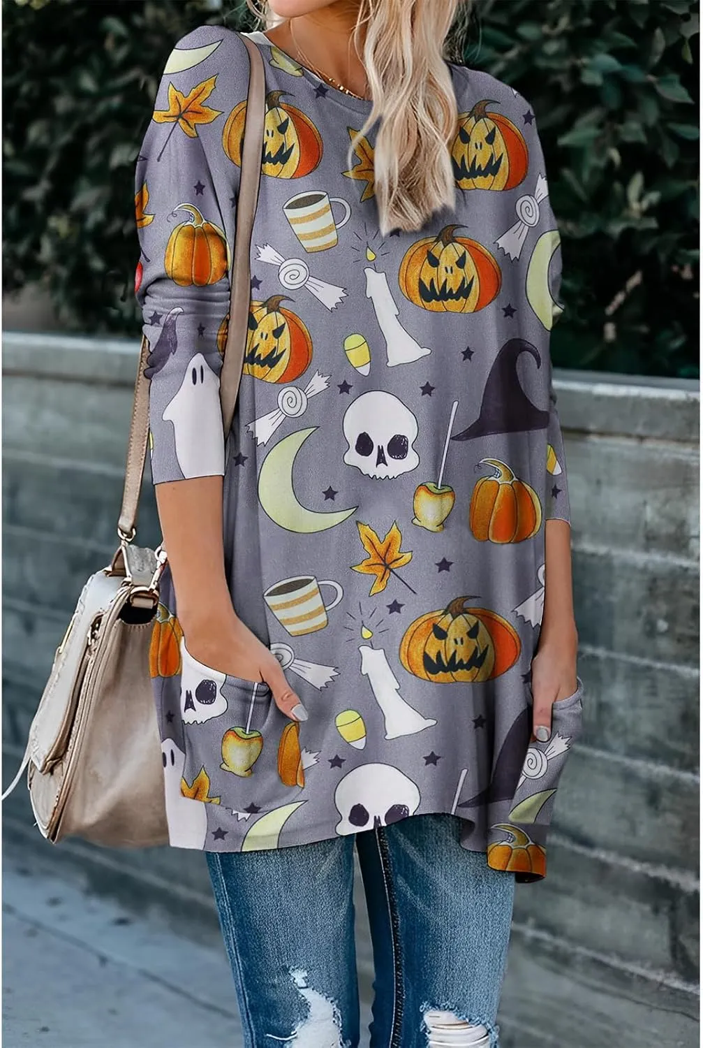 BOUTIKOME Womens Halloween Pumpkin Sweatshirt Black Cat Long Sleeve Crewneck Pullover Shirts with Pocket Tunic Tops
