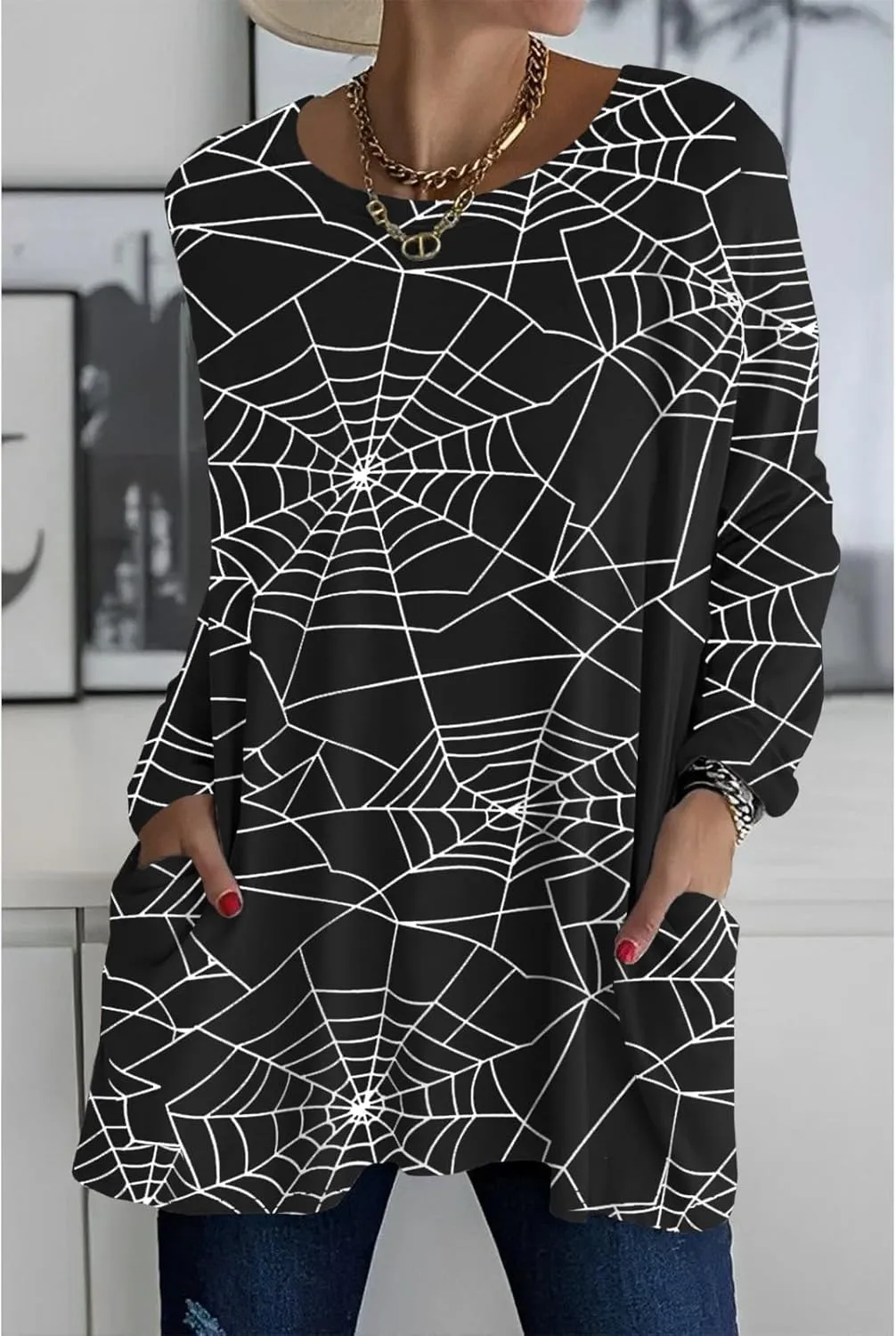 BOUTIKOME Womens Halloween Pumpkin Sweatshirt Black Cat Long Sleeve Crewneck Pullover Shirts with Pocket Tunic Tops