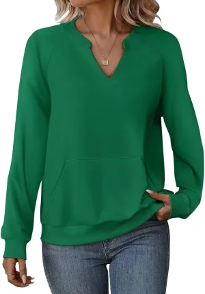 EADINVE Womens V Neck Sweatshirts with Pockets Fleece Pullover Casual Loose Fit Long Sleeve Tops Fall Clothes 2025