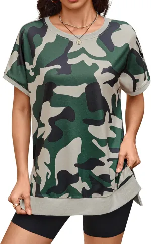 ECOWISH Women Side Split Sweatshirt: Fall Crewneck Long Sleeve Oversized Camo Shirts Casual Camouflage Print Pullover Tops