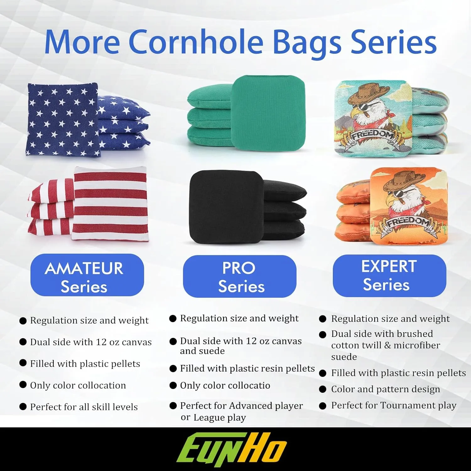 EunHo Dual Sided Cornhole Bags Regulation Set of 8 Professional Cornhole Bean Bags Slick and Stick for Tossing Game-All Weather