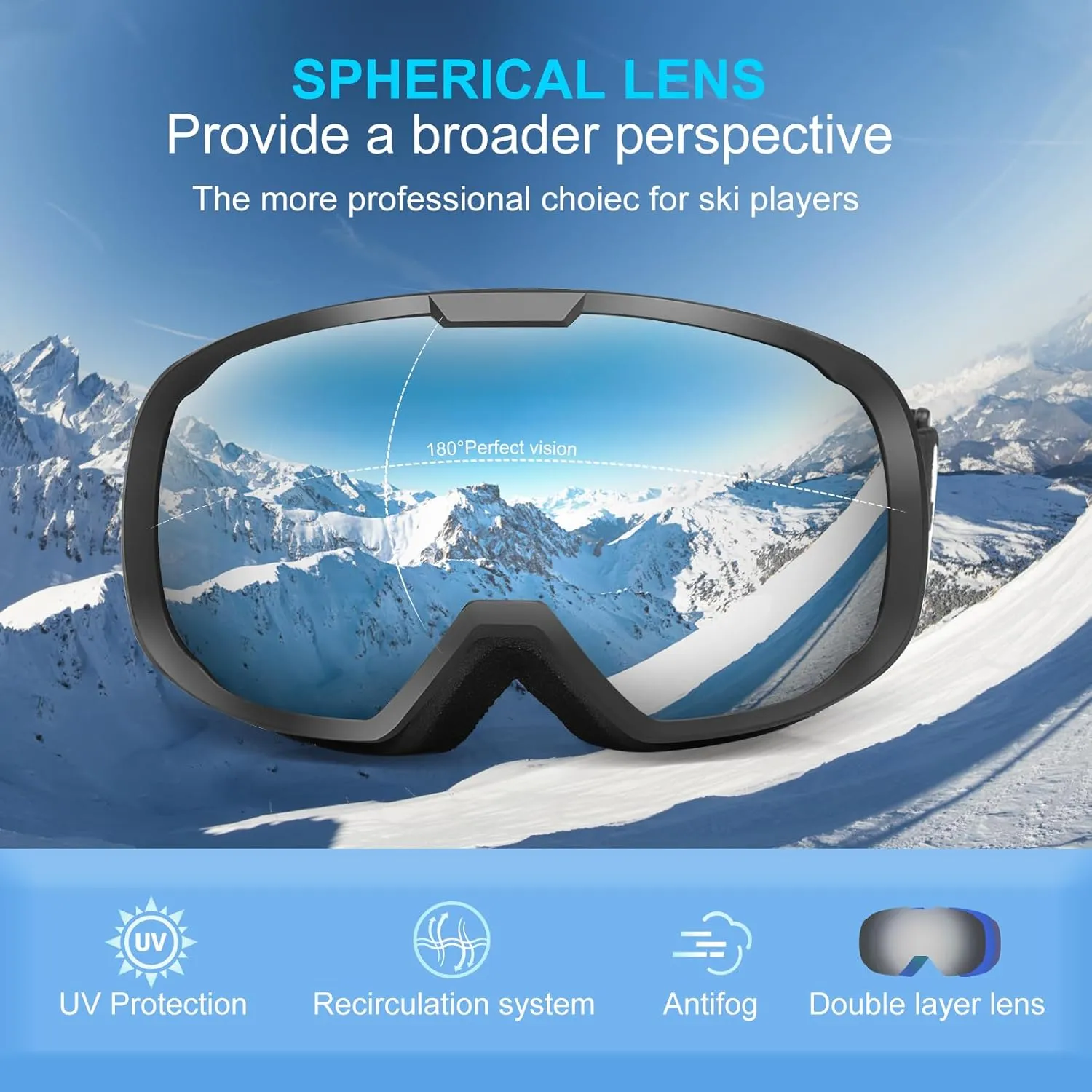 EXP VISION Ski Goggles for Men Women, OTG Snowboard Goggles with 100% UV Protection Anti Fog Lens Snow Goggles