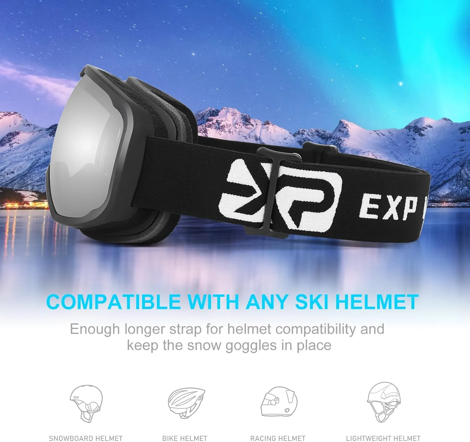 EXP VISION Ski Goggles for Men Women, OTG Snowboard Goggles with 100% UV Protection Anti Fog Lens Snow Goggles