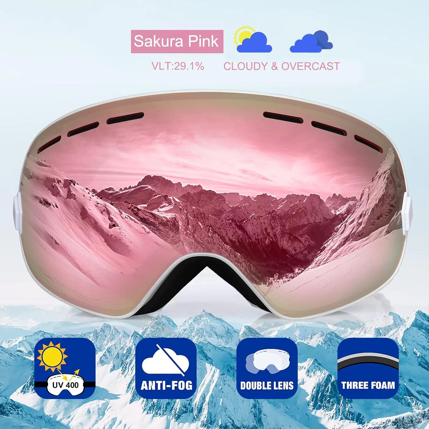 EXP VISION Snowboard Ski Goggles Men Women Youth, Anti Fog OTG Winter Snow Goggles Spherical Detachable Lens