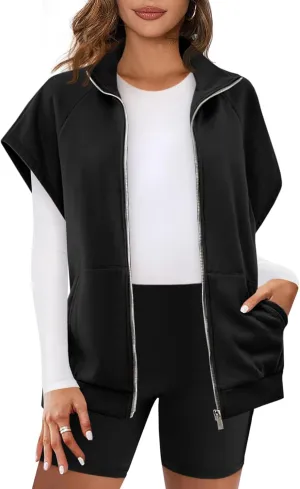Fisoew Womens Oversized Zip Up Sweatshirts Warm Fleece Vests Fall Casual Sleeveless Jackets with Pockets