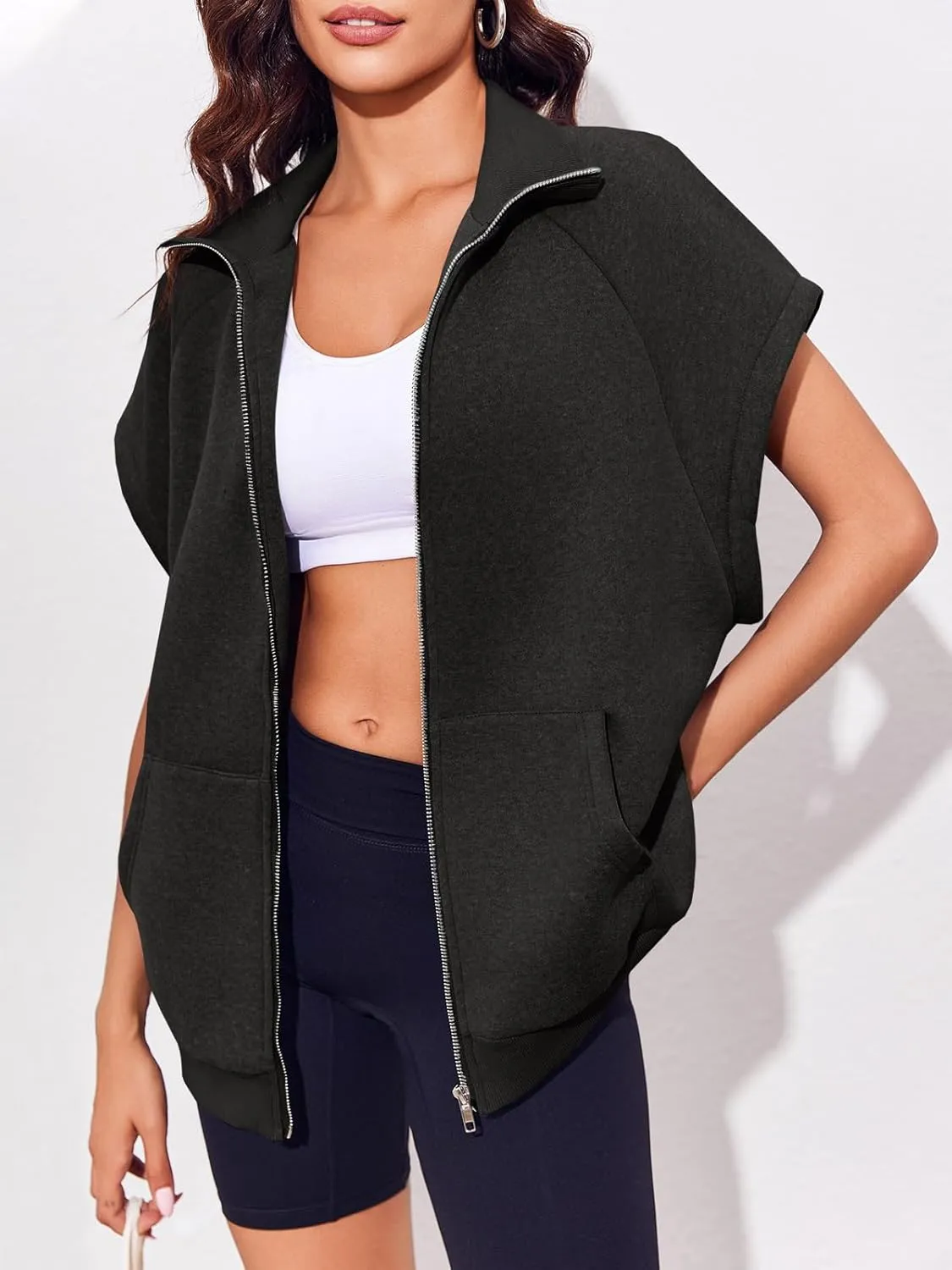 Fisoew Womens Oversized Zip Up Sweatshirts Warm Fleece Vests Fall Casual Sleeveless Jackets with Pockets