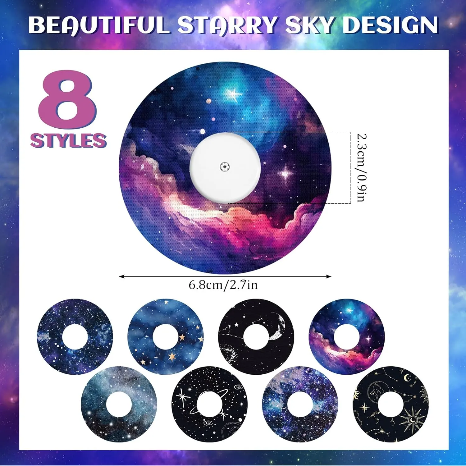Geiserailie 32 Pack Round Adhesive Patches Compatible with Libre 3, CGM Patches, Galaxy Adhesive Tape Stickers, Sensor Covers Waterproof Sweat Proof Flexible Breathable Pre-Cut, Long Lasting