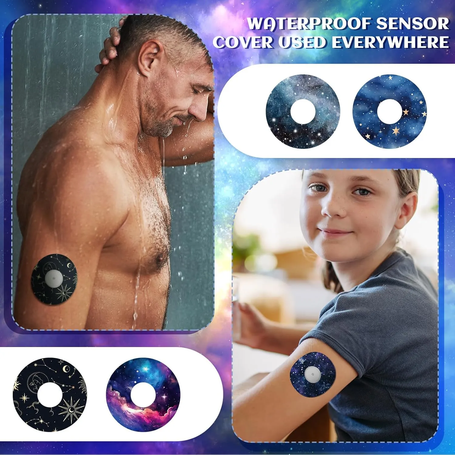 Geiserailie 32 Pack Round Adhesive Patches Compatible with Libre 3, CGM Patches, Galaxy Adhesive Tape Stickers, Sensor Covers Waterproof Sweat Proof Flexible Breathable Pre-Cut, Long Lasting
