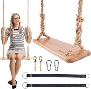 Hanging Wooden Swing, 24"x 8"x 1.2" Tree Swing for Adults and Kids with 500lbs Load, Adjustable Hemp Rope Plus Tree Straps 147 inch, Wood Swing Set Seat for Outdoor and Indoor Use