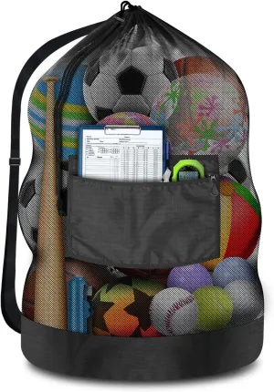 Heavy Duty Soccer Ball Net Bag(100L Extra Large Capacity 10-12Balls), Drawstring Mesh Ball Bag with Zipper Pocket, Sports Equipment Storage Organizer Hold for Gym, Beach, Cloth, Swimming Gears