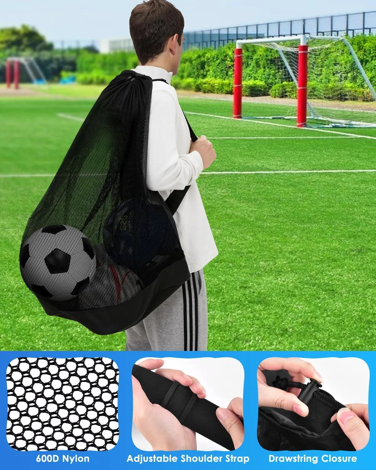 Heavy Duty Soccer Ball Net Bag(100L Extra Large Capacity 10-12Balls), Drawstring Mesh Ball Bag with Zipper Pocket, Sports Equipment Storage Organizer Hold for Gym, Beach, Cloth, Swimming Gears