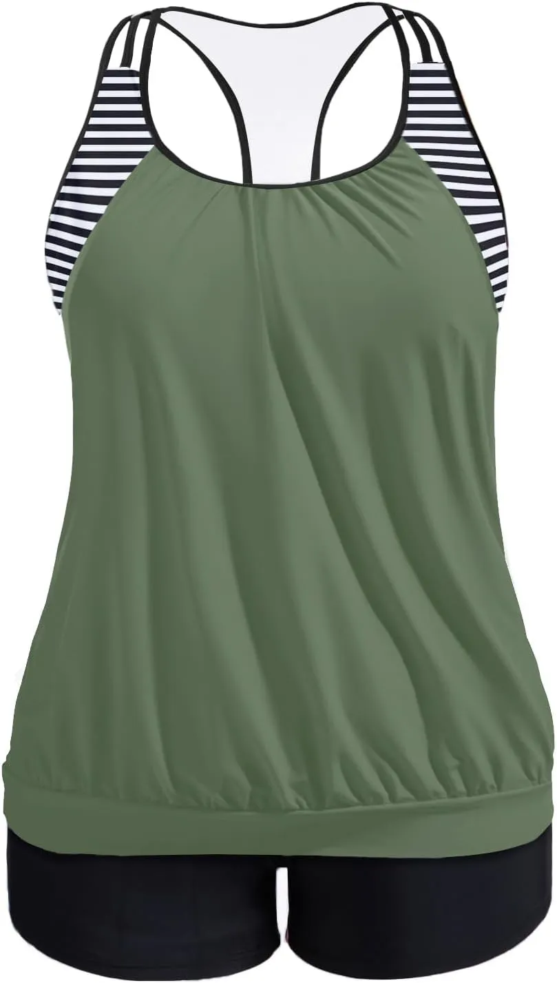 Holipick Plus Size Tankini Swimsuit for Women Two Piece Tummy Control Bathing Suit Blouson Racerback Tankini Top with Shorts
