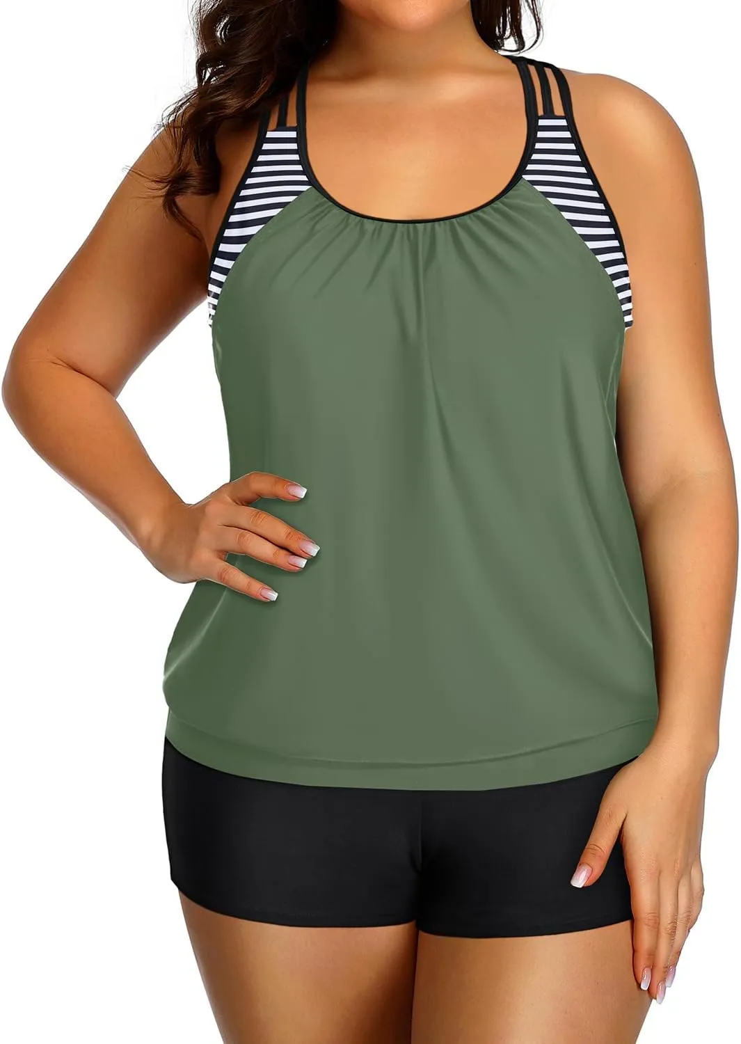 Holipick Plus Size Tankini Swimsuit for Women Two Piece Tummy Control Bathing Suit Blouson Racerback Tankini Top with Shorts