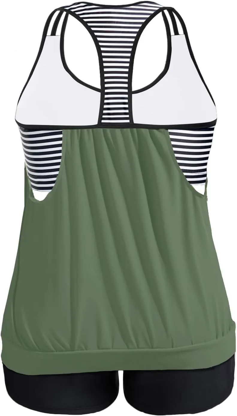 Holipick Plus Size Tankini Swimsuit for Women Two Piece Tummy Control Bathing Suit Blouson Racerback Tankini Top with Shorts