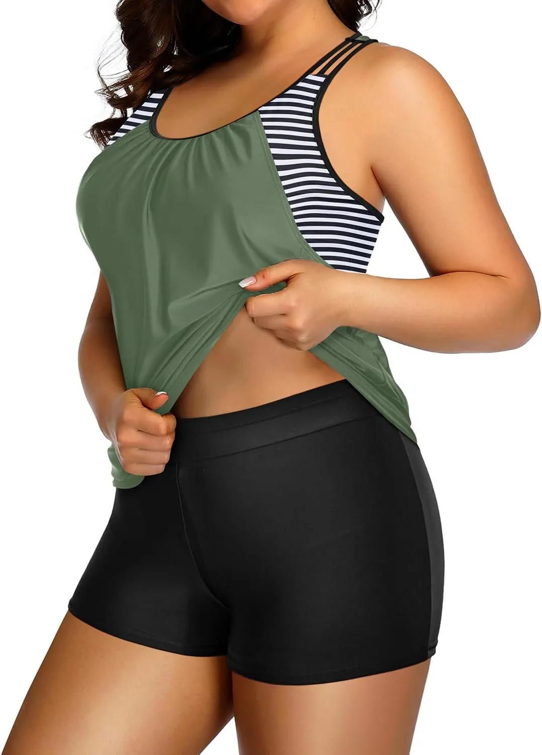 Holipick Plus Size Tankini Swimsuit for Women Two Piece Tummy Control Bathing Suit Blouson Racerback Tankini Top with Shorts