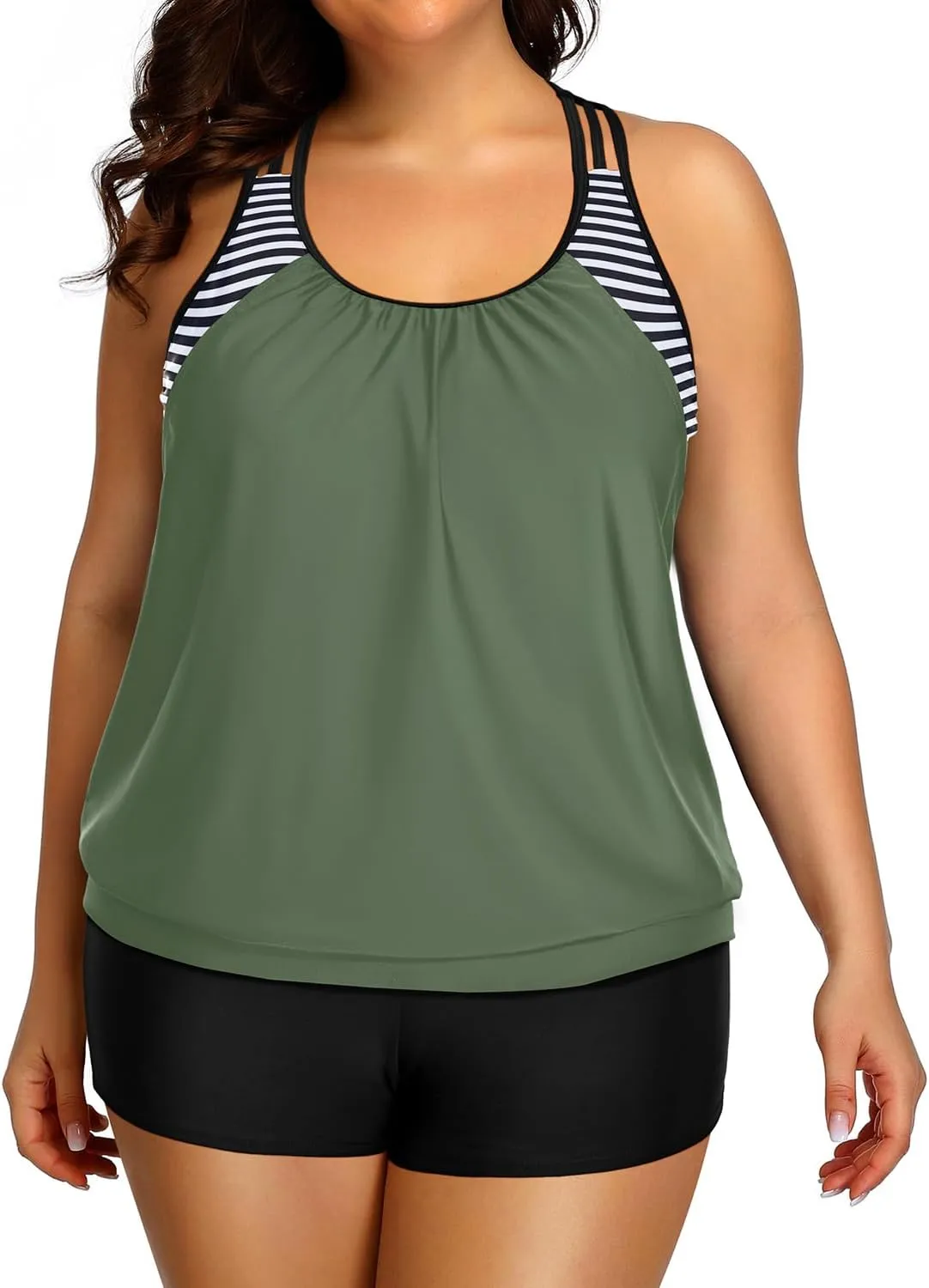 Holipick Plus Size Tankini Swimsuit for Women Two Piece Tummy Control Bathing Suit Blouson Racerback Tankini Top with Shorts