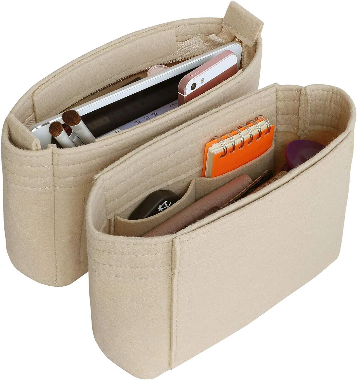 HyFanStr Felt Insert Bag Organizer with Zipper, Small Handbag Purse Organizer Tote Liner Pouch for Women, 2 Piece Set 