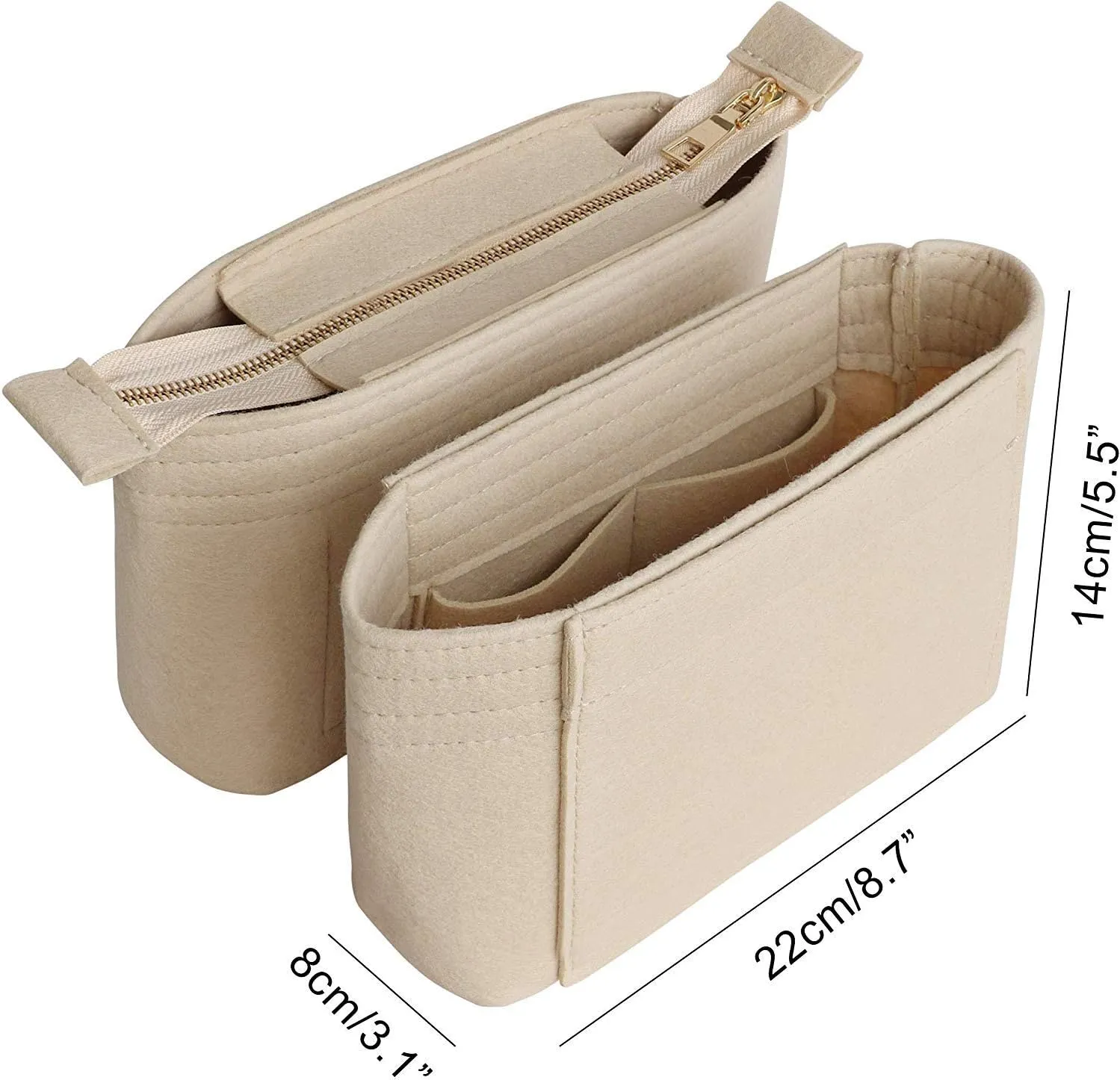 HyFanStr Felt Insert Bag Organizer with Zipper, Small Handbag Purse Organizer Tote Liner Pouch for Women, 2 Piece Set 