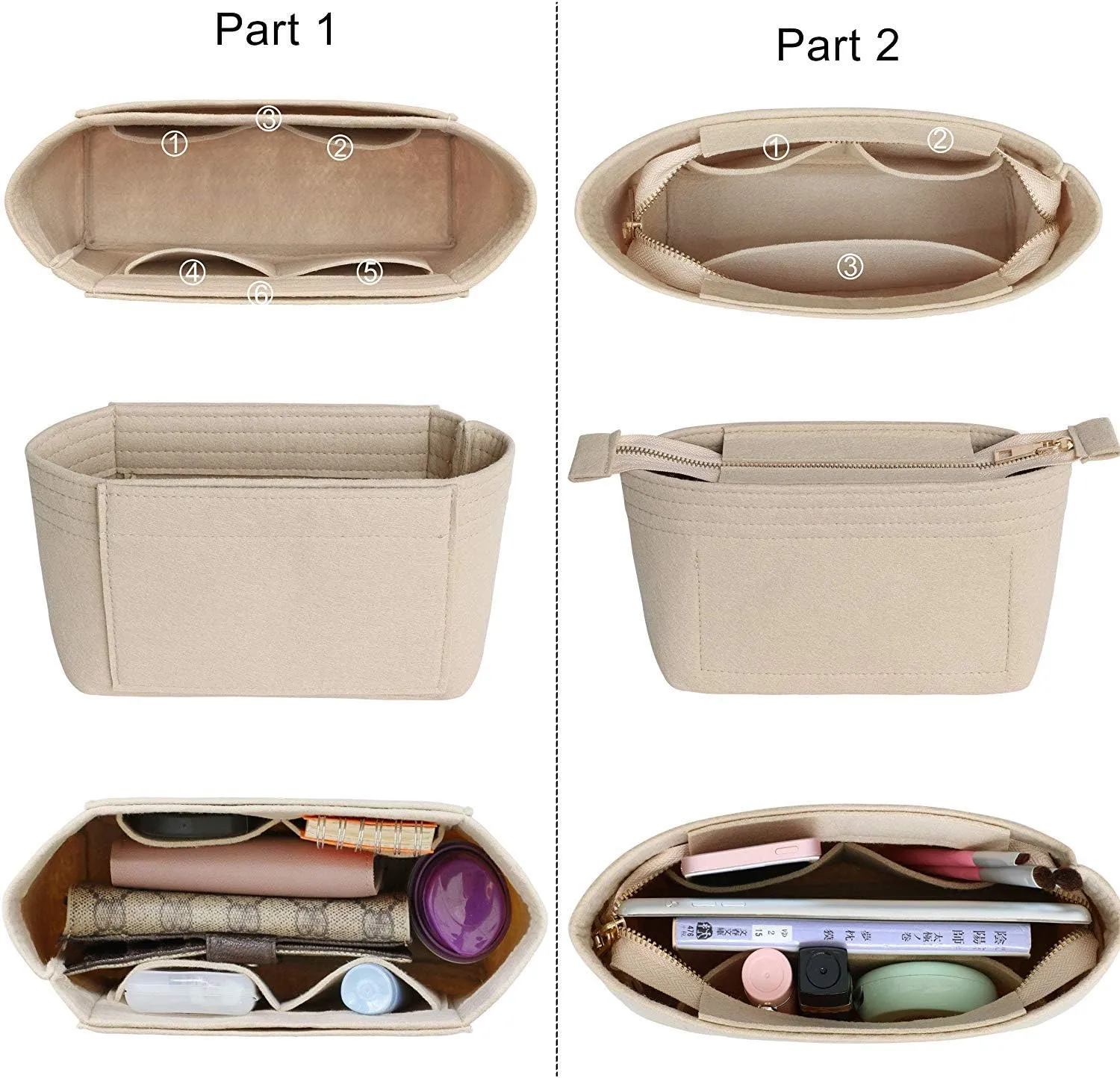 HyFanStr Felt Insert Bag Organizer with Zipper, Small Handbag Purse Organizer Tote Liner Pouch for Women, 2 Piece Set 