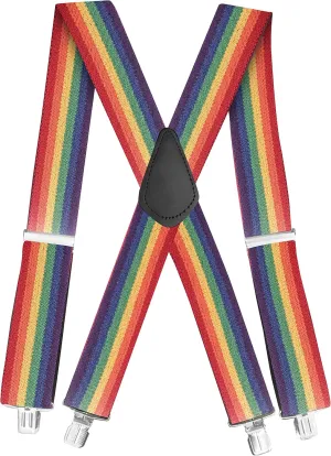 Jackster Rainbow Suspenders X-Back  2" Wide, Adjustable with Strong Jumbo Clips  Made in USA