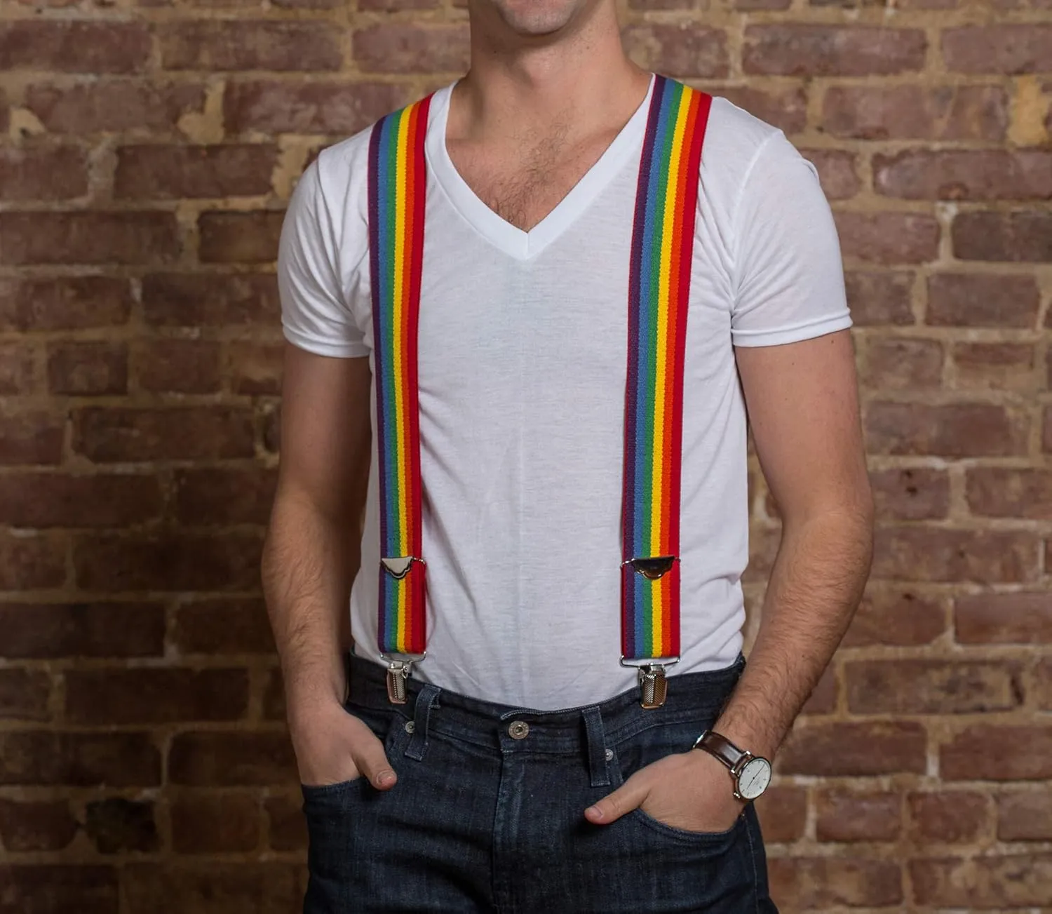 Jackster Rainbow Suspenders X-Back  2" Wide, Adjustable with Strong Jumbo Clips  Made in USA