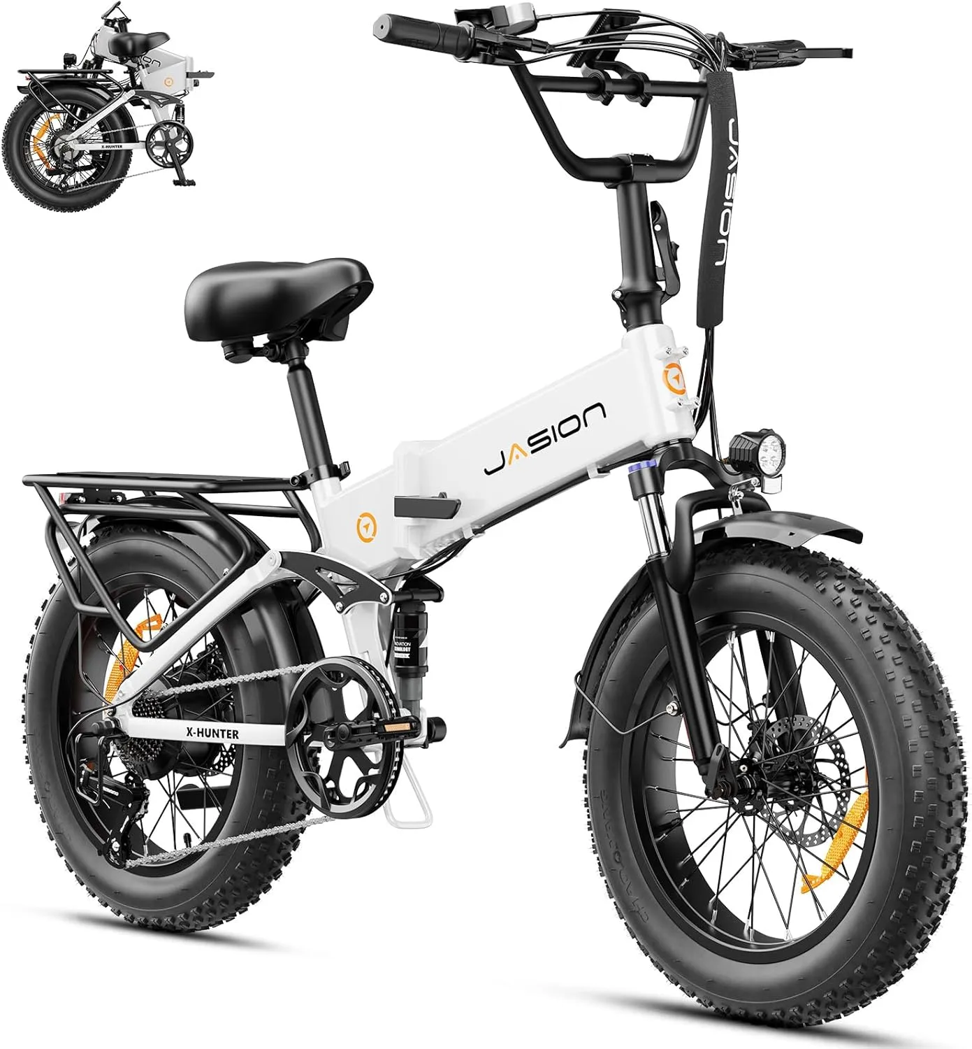 Jasion X-Hunter Electric Bike for Adults,1400W Peak Motor 30MPH Max Speed,48V 13AH Removable Battery, Full Suspension System Design,20''*4.0 Fat Tire Foldable Ebike 7-Speed Bicycles