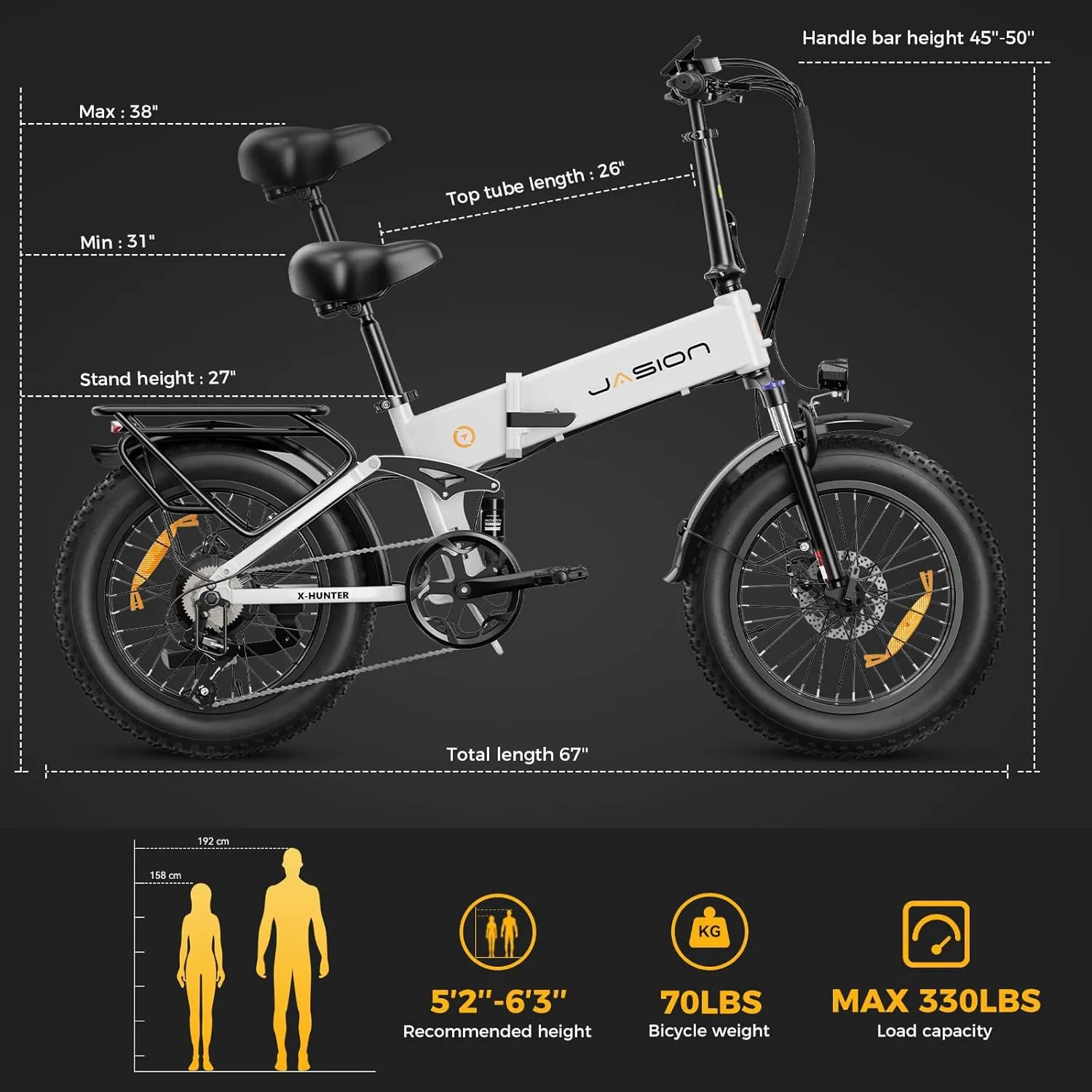 Jasion X-Hunter Electric Bike for Adults,1400W Peak Motor 30MPH Max Speed,48V 13AH Removable Battery, Full Suspension System Design,20''*4.0 Fat Tire Foldable Ebike 7-Speed Bicycles
