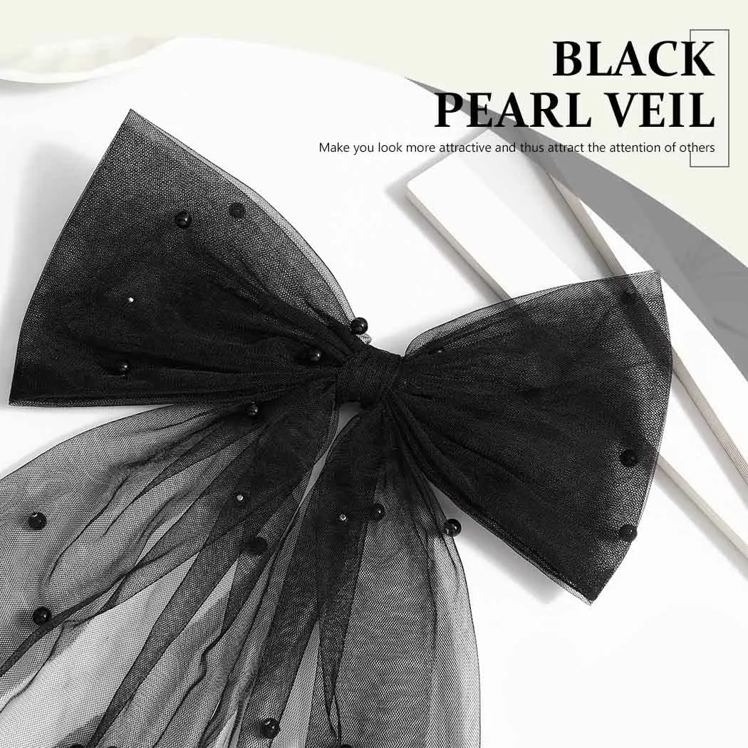 JEAIRTS Bridal Hair Bow Veil Pearl Wedding Hair Piece White Tulle Bow with Clip Bachelorette Party Hair Accessories for Women (Style 1-Black)