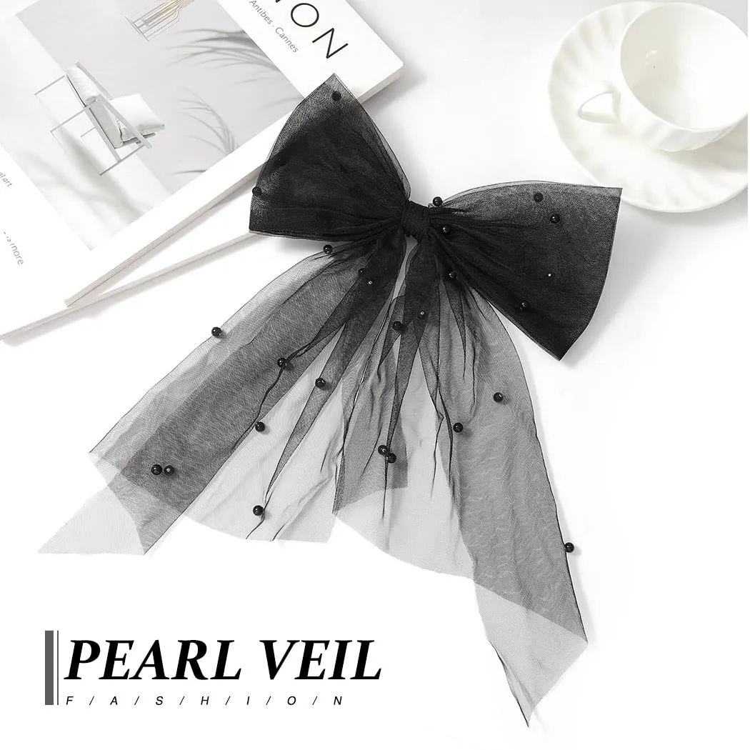 JEAIRTS Bridal Hair Bow Veil Pearl Wedding Hair Piece White Tulle Bow with Clip Bachelorette Party Hair Accessories for Women (Style 1-Black)